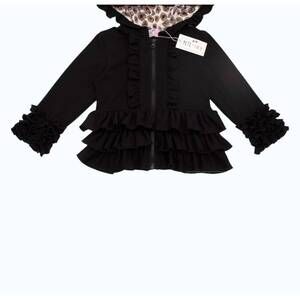 NEW PETE + LUCY girl's spot ruffle hooded jacket in black & tan